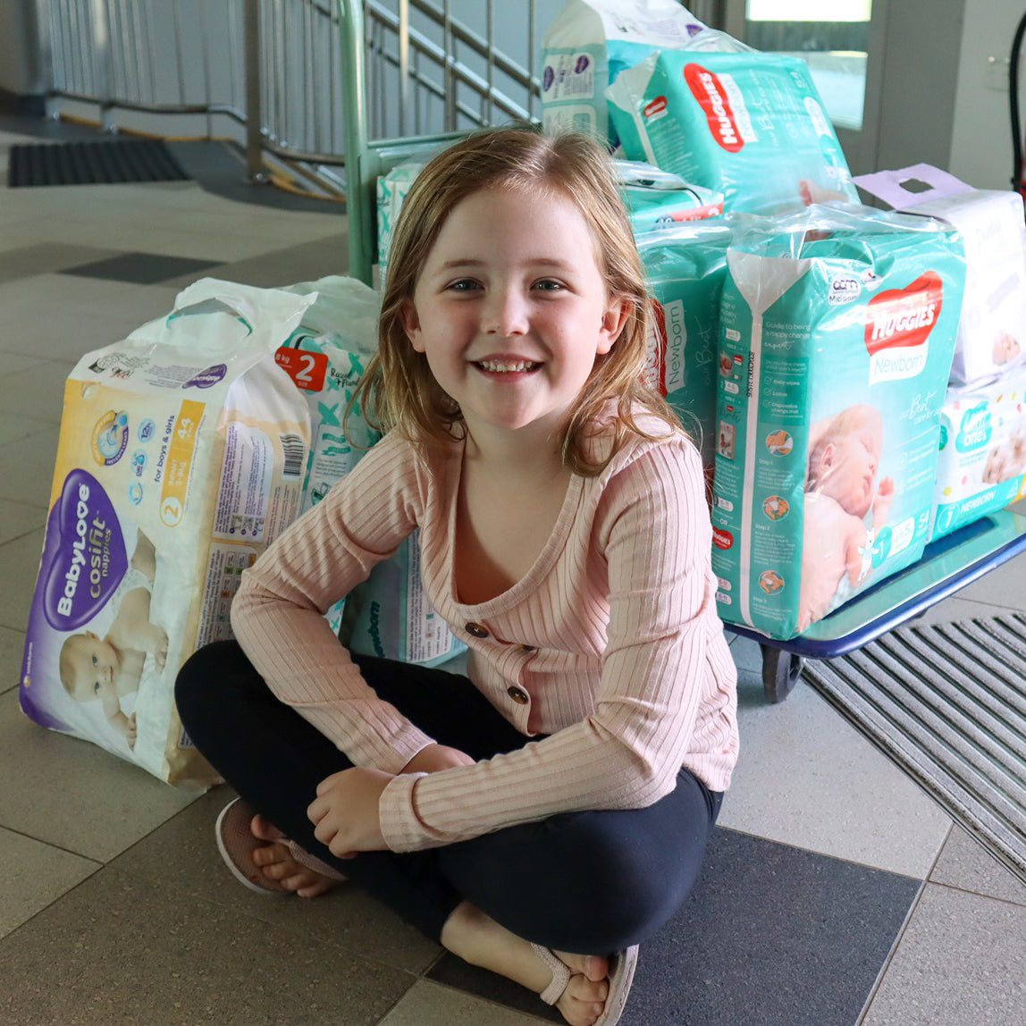 Erin asked her friends to buy newborn nappies for Little Things for Tiny Tots in lieu of presents for her sixth birthday